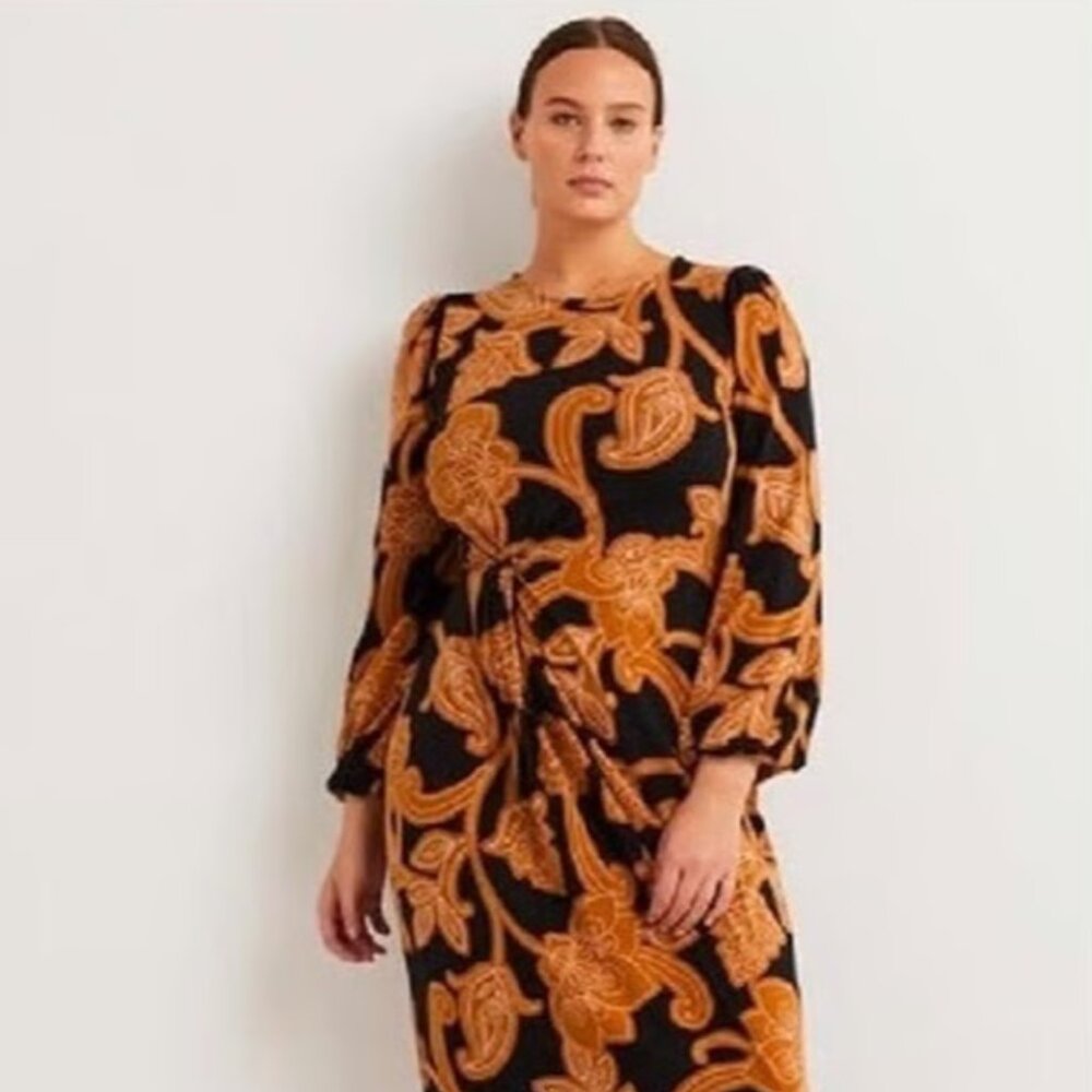 Boden Knot Detail Midi Dress - US Size 20/22 - Black & Tan Paisley